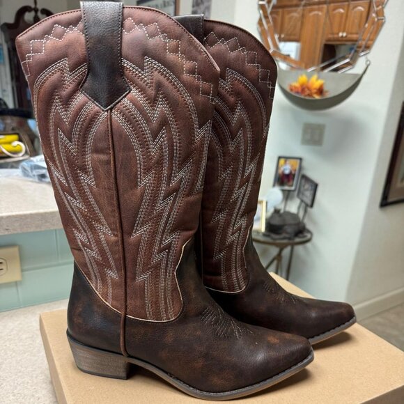 Women's Cowgirl Boots Cowboy Vintage Embroidered Brown Western Boots Snip Toe - Picture 1 of 9